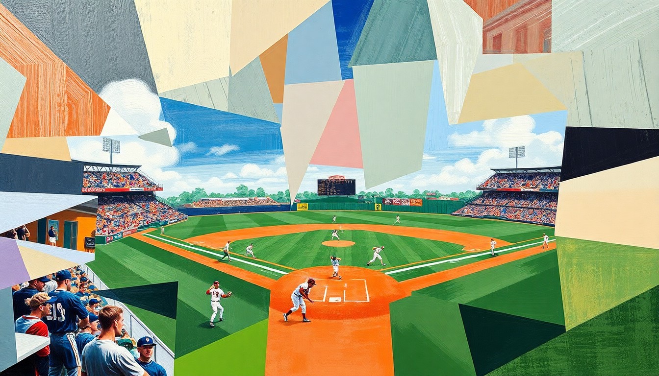 A fractured, geometric painting with overlapping planes of color representing the dynamic action of a college baseball game.