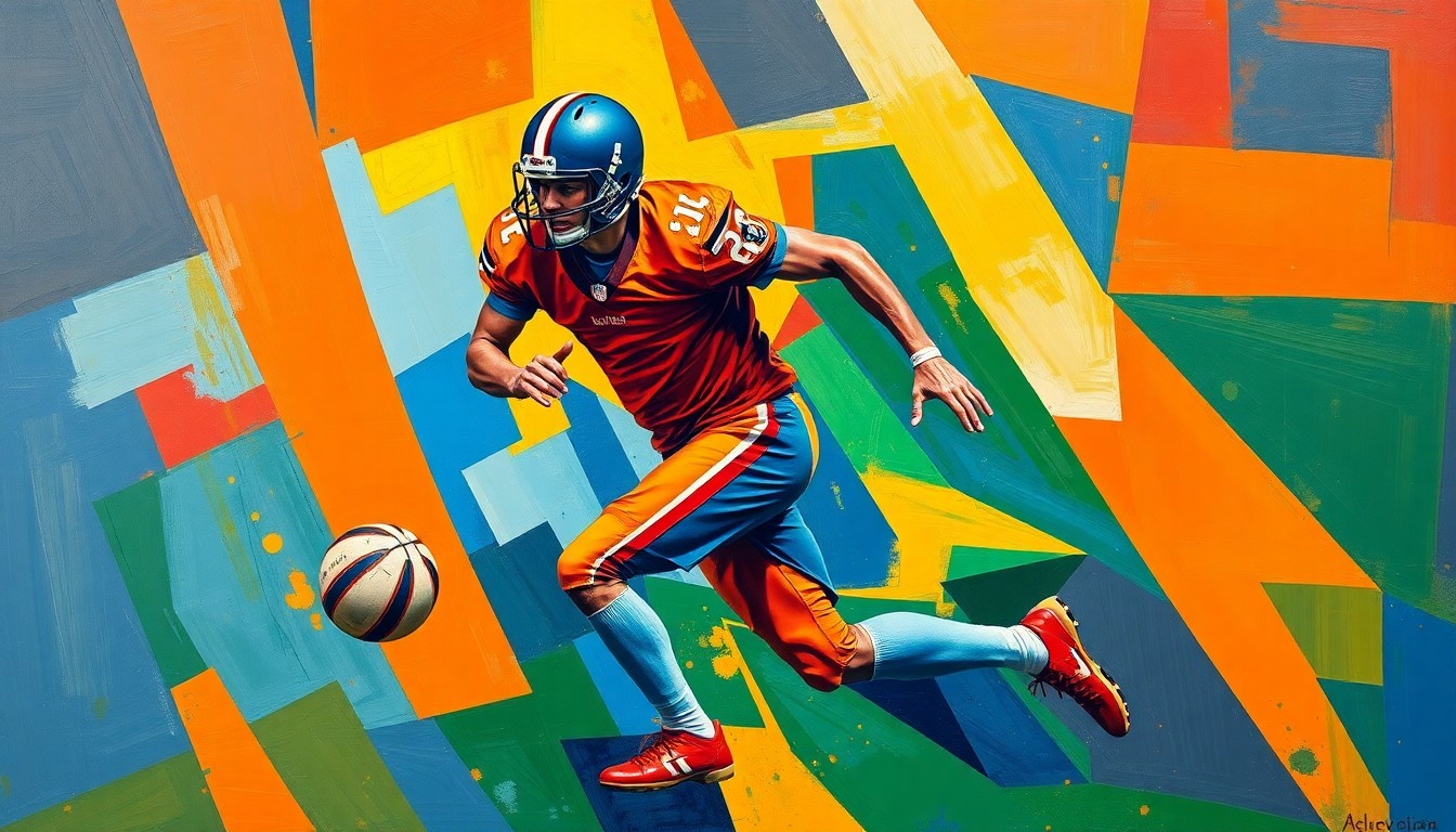 A cubist, geometric painting depicting a football player in motion, with sharp, overlapping planes of vibrant orange, blue, and green colors.