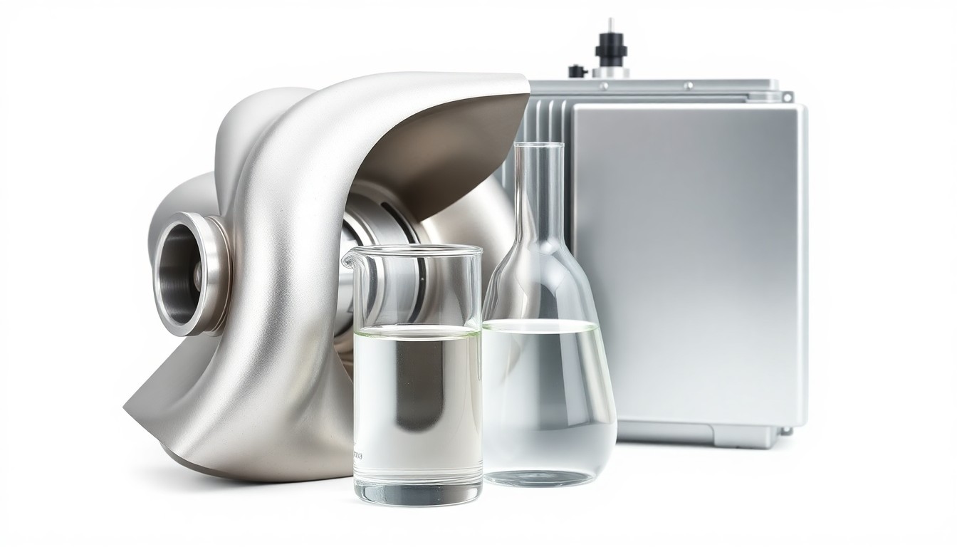 A photorealistic studio still life featuring a polished metal hydroelectric turbine blade, a glass beaker, and a sleek electrical transformer, representing the critical infrastructure supporting economic growth in Buffalo.