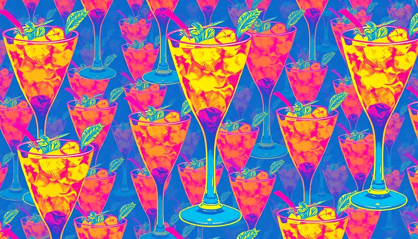 A highly stylized, silkscreen-inspired illustration featuring a repeating pattern of bright pink, blue, and yellow mint julep cocktail glasses, conceptually representing the celebratory atmosphere of the Kentucky Derby.