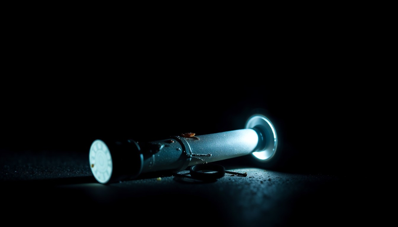 An extreme close-up photograph of a damaged e-bike part, such as a twisted handlebar or broken pedal, lit by a harsh, direct camera flash against a pitch-black background, creating a stark, gritty, investigative aesthetic.