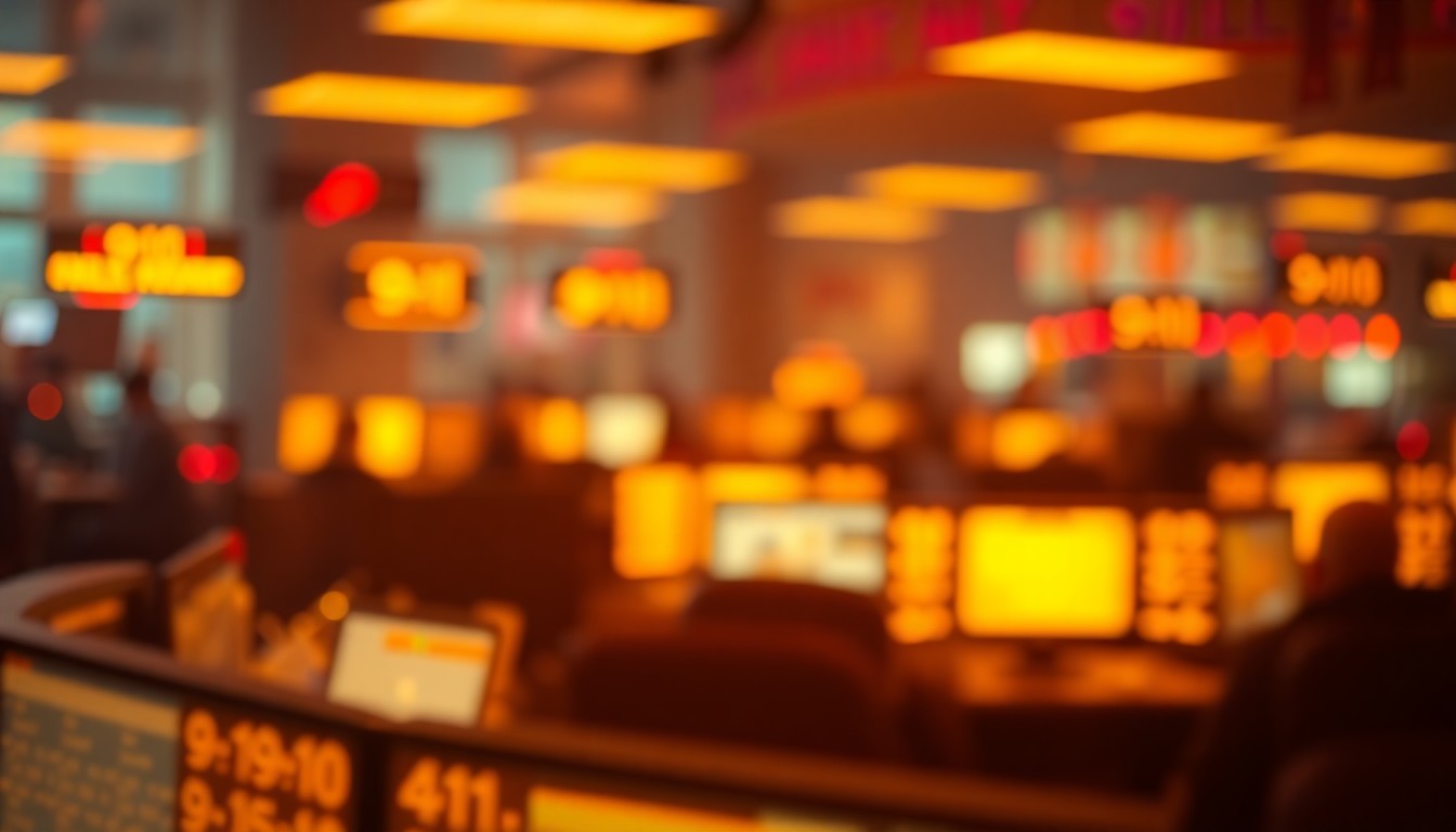 An abstract, impressionistic scene of blurred, glowing lights in shades of yellow, orange, and red, conveying the energy and atmosphere of a busy 9-1-1 call center.