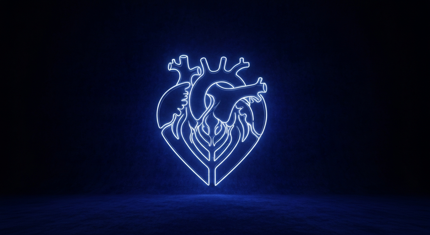 A vibrant neon outline of a human heart, glowing against a dark background and pulsing with life, representing the vital importance of organ donation.