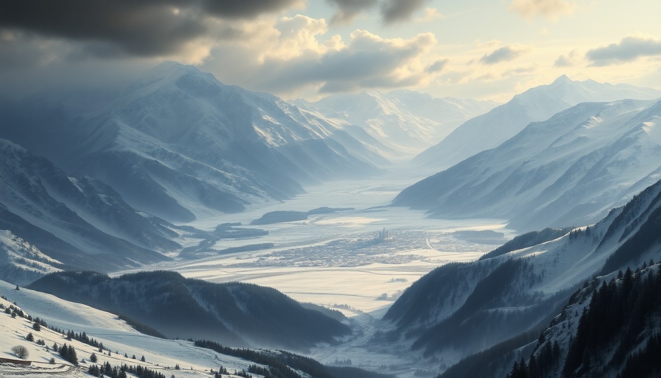 A vast, majestic landscape painting in muted tones of blue, white, and gray, depicting a snow-covered mountainous terrain with a small town or city in the distance, dwarfed by the overwhelming scale of the natural environment. The scene conveys a sense of melancholy and the sublime power of nature.