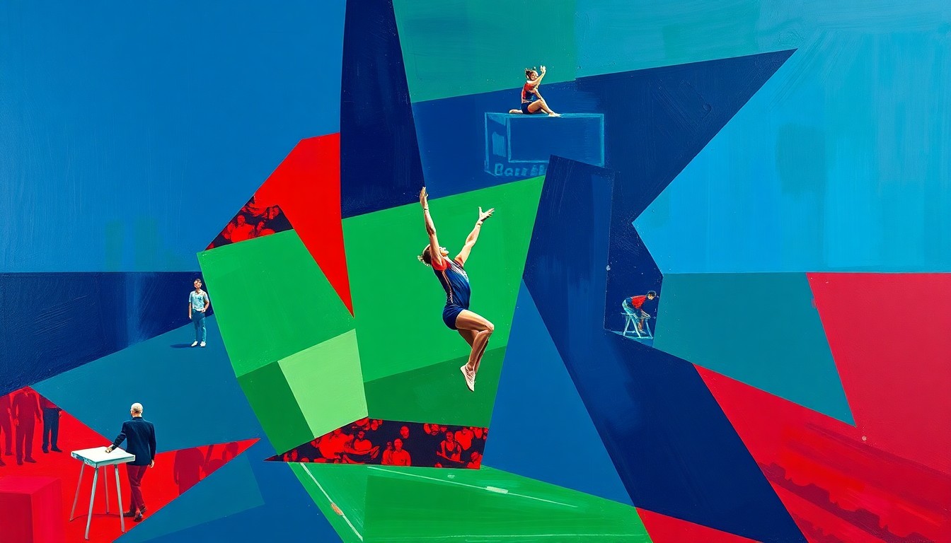 A cubist-style painting featuring sharp, overlapping geometric shapes in navy, green, and red, abstractly depicting a gymnastics competition or performance.