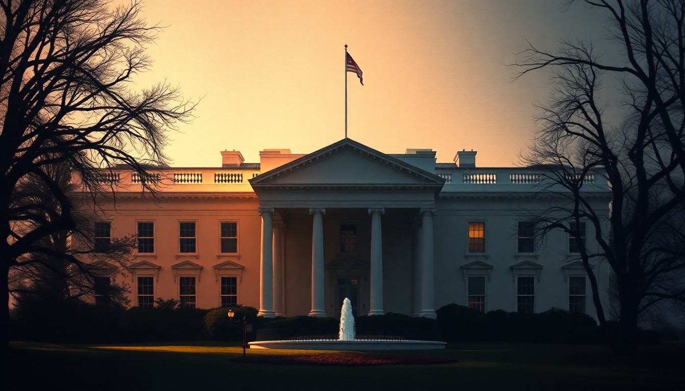A photorealistic painting of the East Wing of the White House, with its iconic columns and ornate architecture bathed in warm, golden light and deep shadows, conveying a sense of timeless grandeur and political significance.