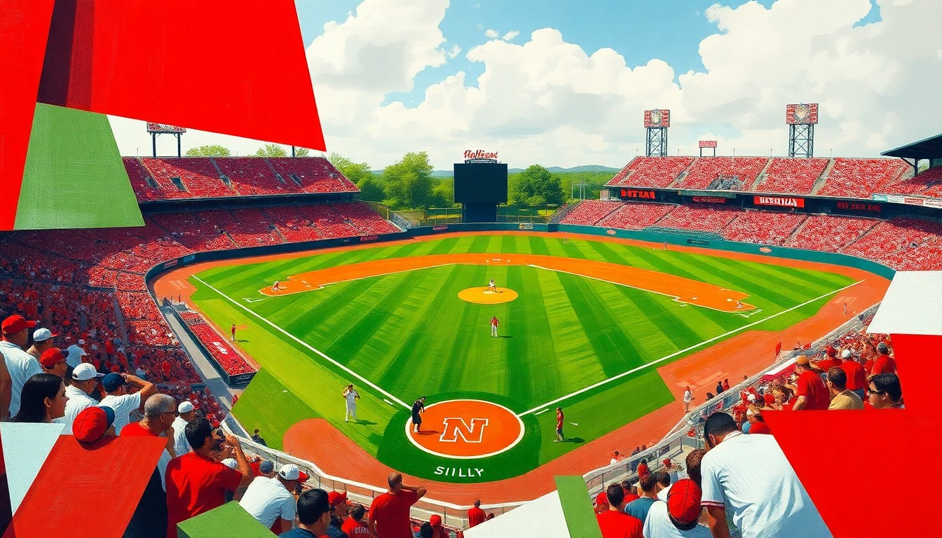 A fractured, cubist-style painting depicting a softball game between the Nebraska Huskers and Wisconsin Badgers, with the players and field broken down into sharp, overlapping geometric shapes in vibrant red, white, and cardinal colors.