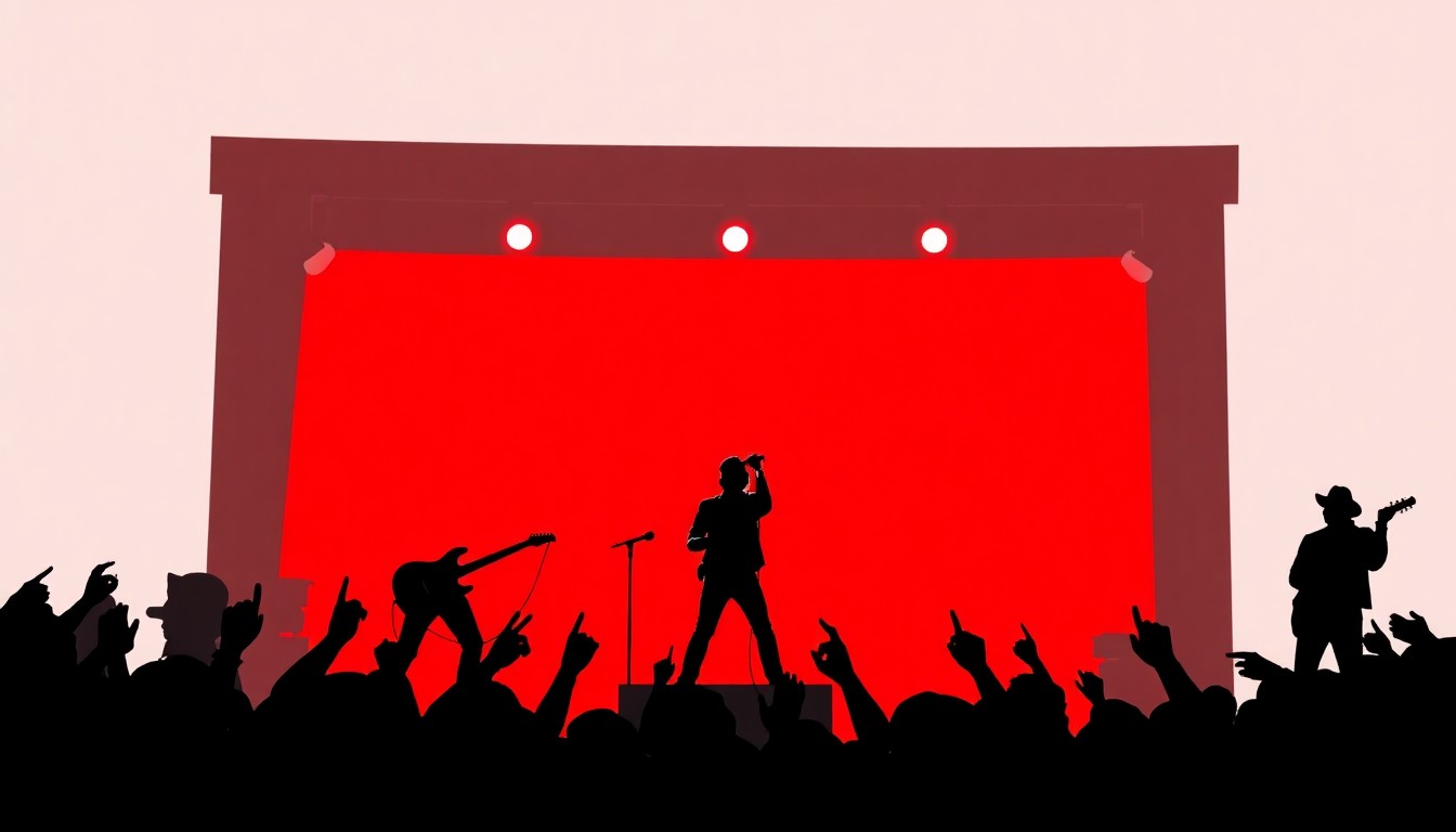 A minimalist, abstract illustration featuring bold, jagged black silhouettes against a bright red background, conceptually representing a country music performer on stage.