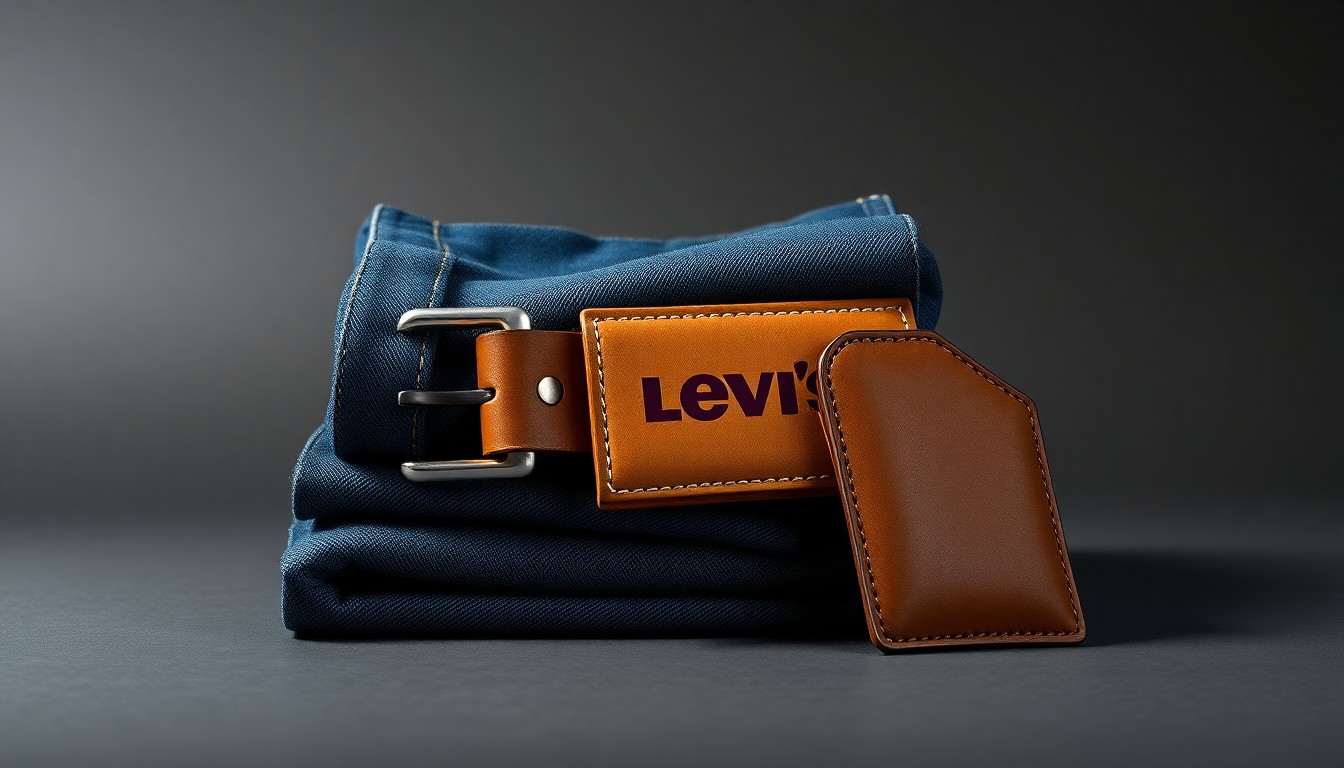 A high-end, photorealistic studio still-life photograph featuring a stack of neatly folded Levi's jeans, a silver metal belt buckle, and a leather wallet in a muted color palette, conceptually representing the financial strategy and growth priorities of the Levi's brand.