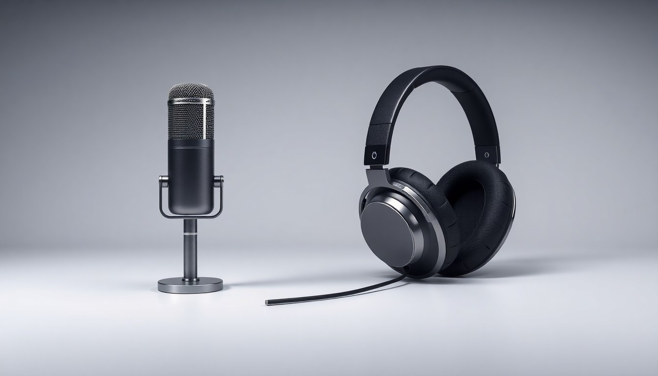 A photorealistic studio still life featuring a sleek, modern microphone and premium headphones arranged on a clean, monochromatic background, symbolizing Sigma Audio Networks' commitment to delivering a refined, high-quality audio experience.