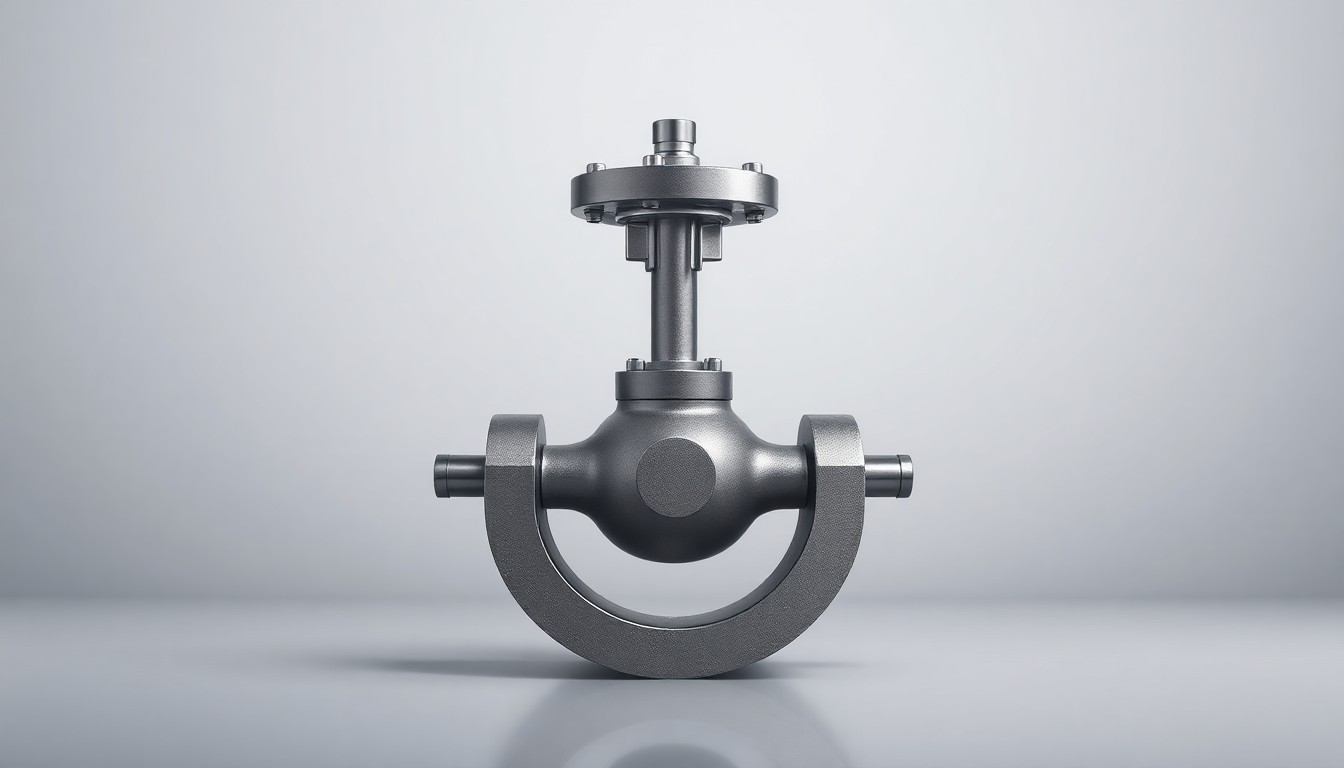 A photorealistic studio still-life image of a polished, geometric natural gas pipeline valve or meter, dramatically lit to convey the abstract concepts of energy markets and corporate performance.