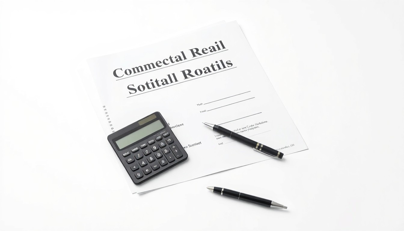 A minimalist studio still life photograph featuring a stack of documents, a calculator, and a pen on a clean white background, representing the business of managing commercial real estate properties.
