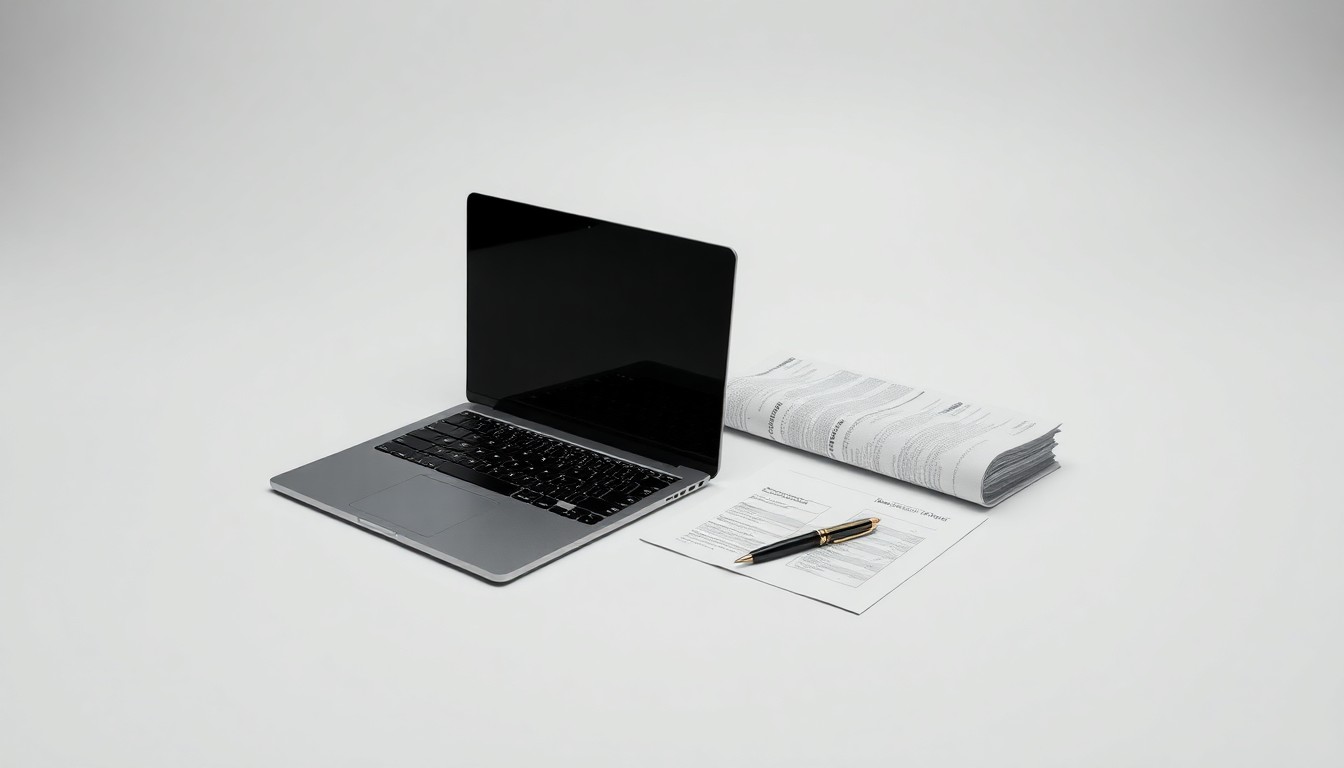 A minimalist, high-end studio still life photograph featuring a sleek laptop computer, financial reports, and a pen, arranged elegantly on a clean, monochromatic background to symbolize the abstract concepts of corporate strategy, finance, and technology investment.