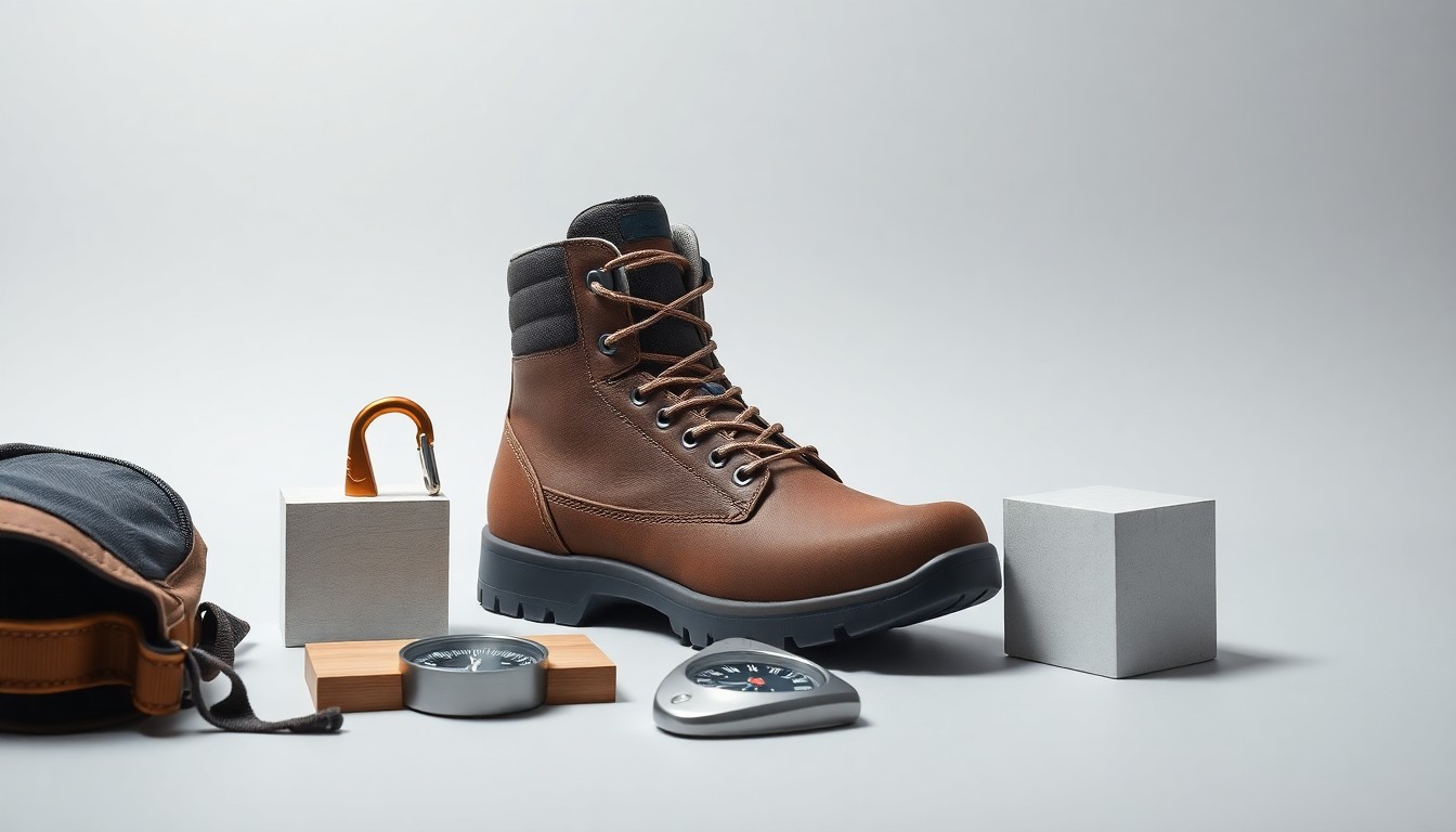 A minimalist studio still life featuring a collection of high-quality outdoor adventure gear, including a compass, carabiner, and hiking boot, arranged elegantly on a clean, monochromatic background, conceptually representing the strategic growth and expansion of the adventure travel industry.