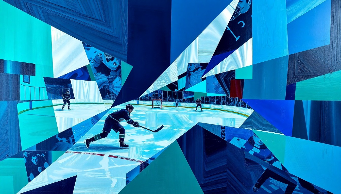 A fragmented, geometric painting depicting a hockey game from multiple angles, with sharp planes of navy, green, and silver representing the dynamic action on the ice.