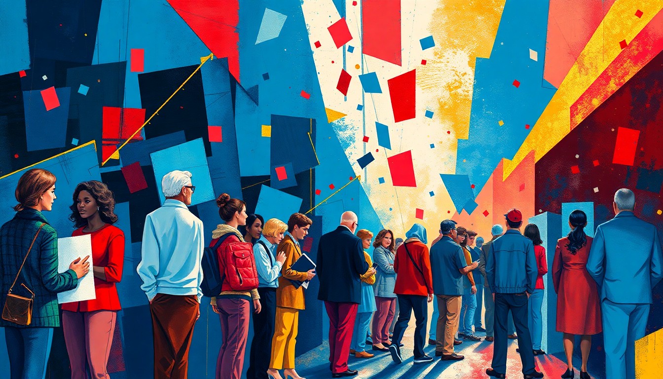 A dynamic, abstract painting featuring overlapping geometric shapes and fractured lines in vibrant blues, reds, and golds, conceptually representing the energy and movement of voters participating in a local election.