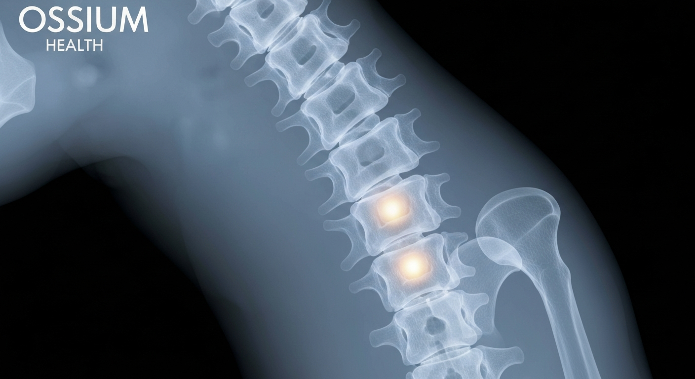 A ghostly, translucent X-ray photograph revealing the internal structure of a human spinal column, with the bone marrow glowing faintly within, conceptually representing Ossium Health's work in extracting and storing bone marrow for medical use.