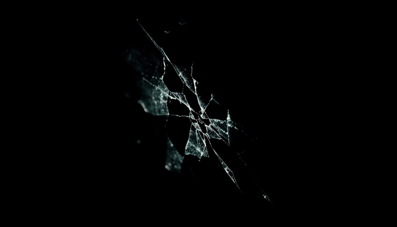 An extreme close-up photograph of a shattered car window or damaged vehicle sensor, lit by a harsh, direct camera flash against a pitch-black background, conceptually illustrating the violent encounter between ICE agents and a suspect.