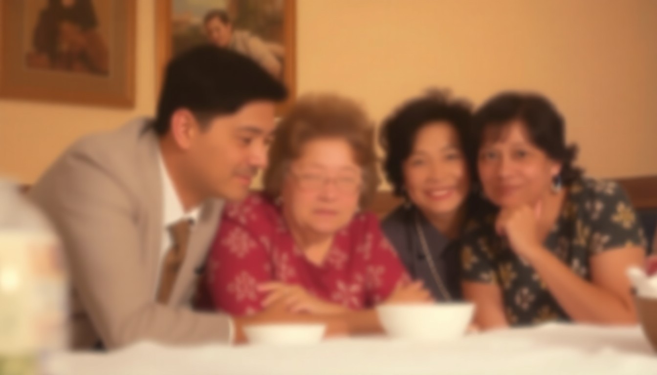A softly blurred, impressionistic photograph in warm, hazy tones depicting an intimate family gathering, with indistinct figures and shapes representing the love and togetherness that defined Erma Madore's life.