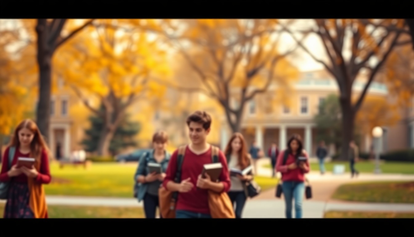 An abstract, out-of-focus photograph in soft, warm colors depicting the general scene of a college campus, with blurred figures of students walking and carrying books, conveying a sense of community and campus life.