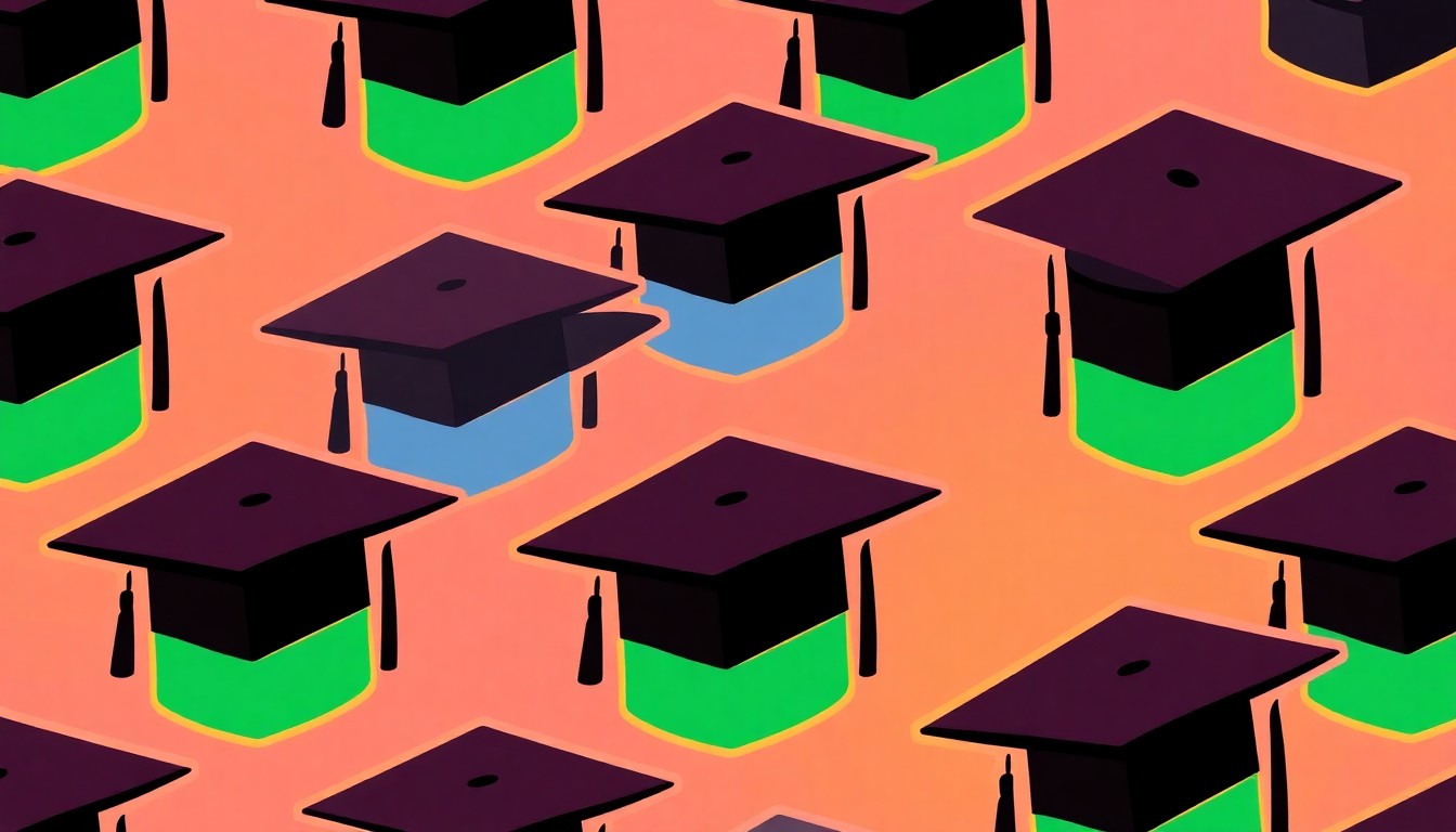 A bold, colorful silkscreen print featuring a repeating pattern of a mortar board graduation cap in vibrant shades of blue, green, and orange, conceptually representing the energy and excitement of a university campus expansion.