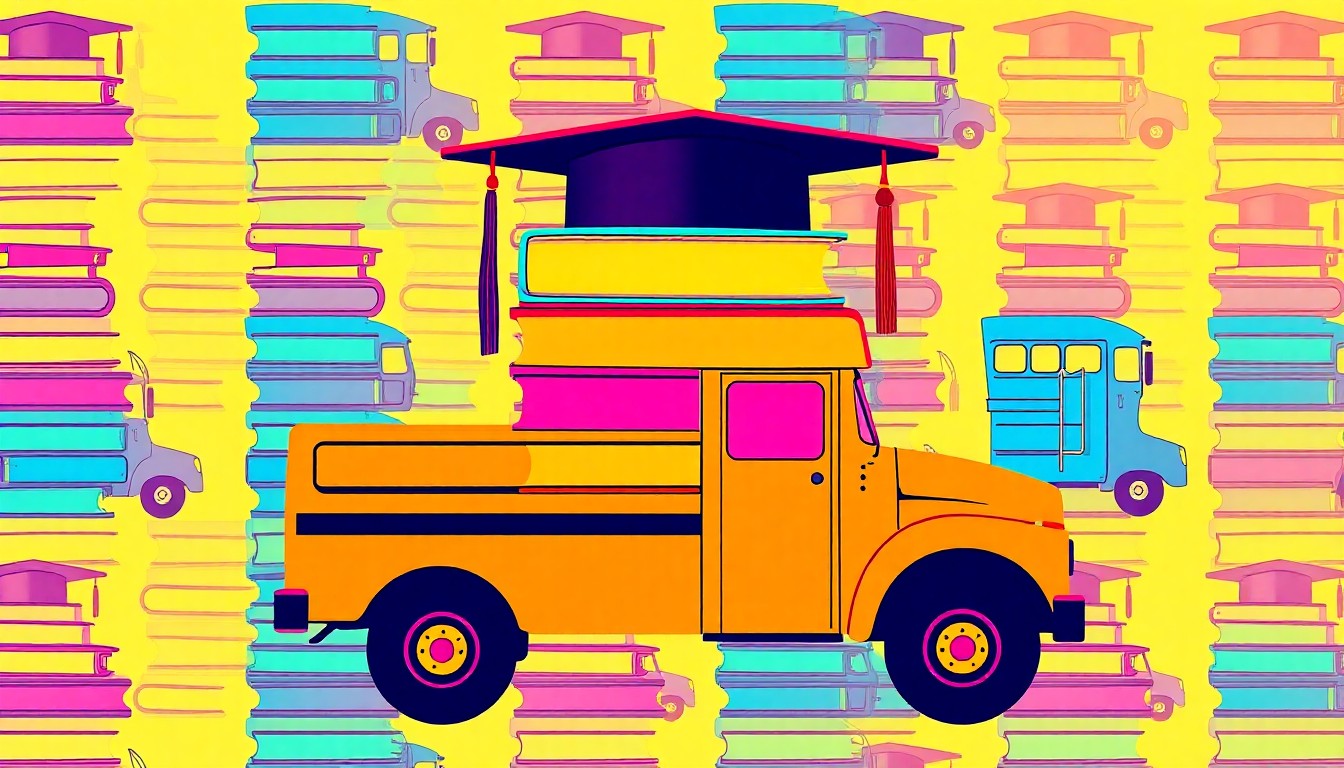 A brightly colored, high-contrast silkscreen print featuring repeating icons of textbooks, a school bus, and a graduation cap, conceptually representing the complex issues facing the Killeen Independent School District.