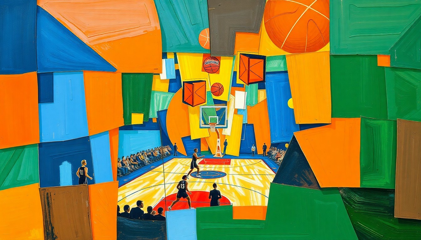 A cubist, geometric painting depicting a fragmented women's basketball game, with sharp planes of blue, orange, and green intersecting to create a dynamic, abstract visual representation of the sport.