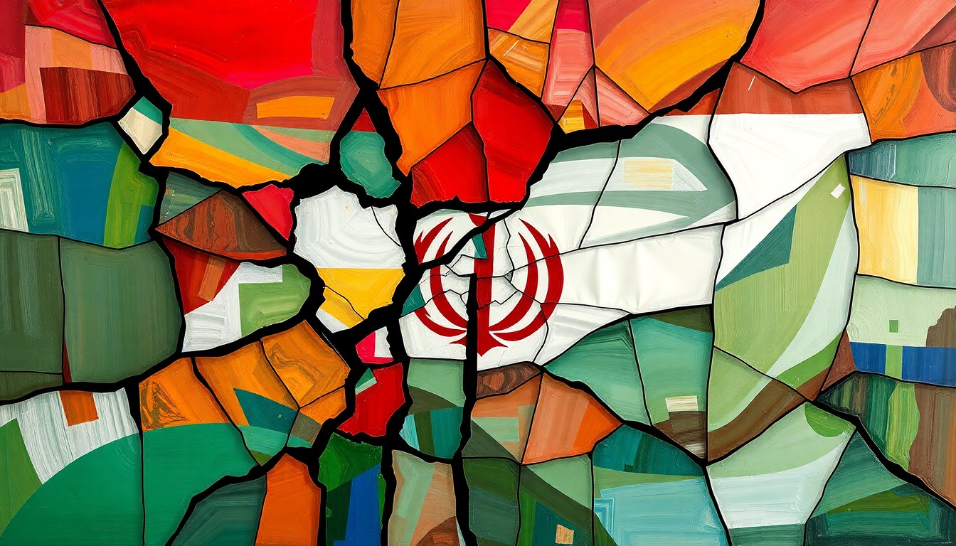 A fractured, abstract painting featuring bold, overlapping geometric shapes and waves of clashing colors, conceptually representing the internal divisions within the Republican party over foreign policy towards Iran.