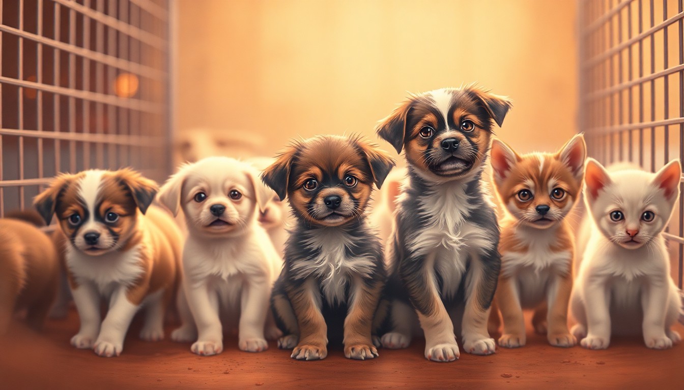 An abstract, impressionistic photograph showing blurred shapes and colors of playful animals in a shelter environment, conveying a sense of warmth and community support for animal welfare.