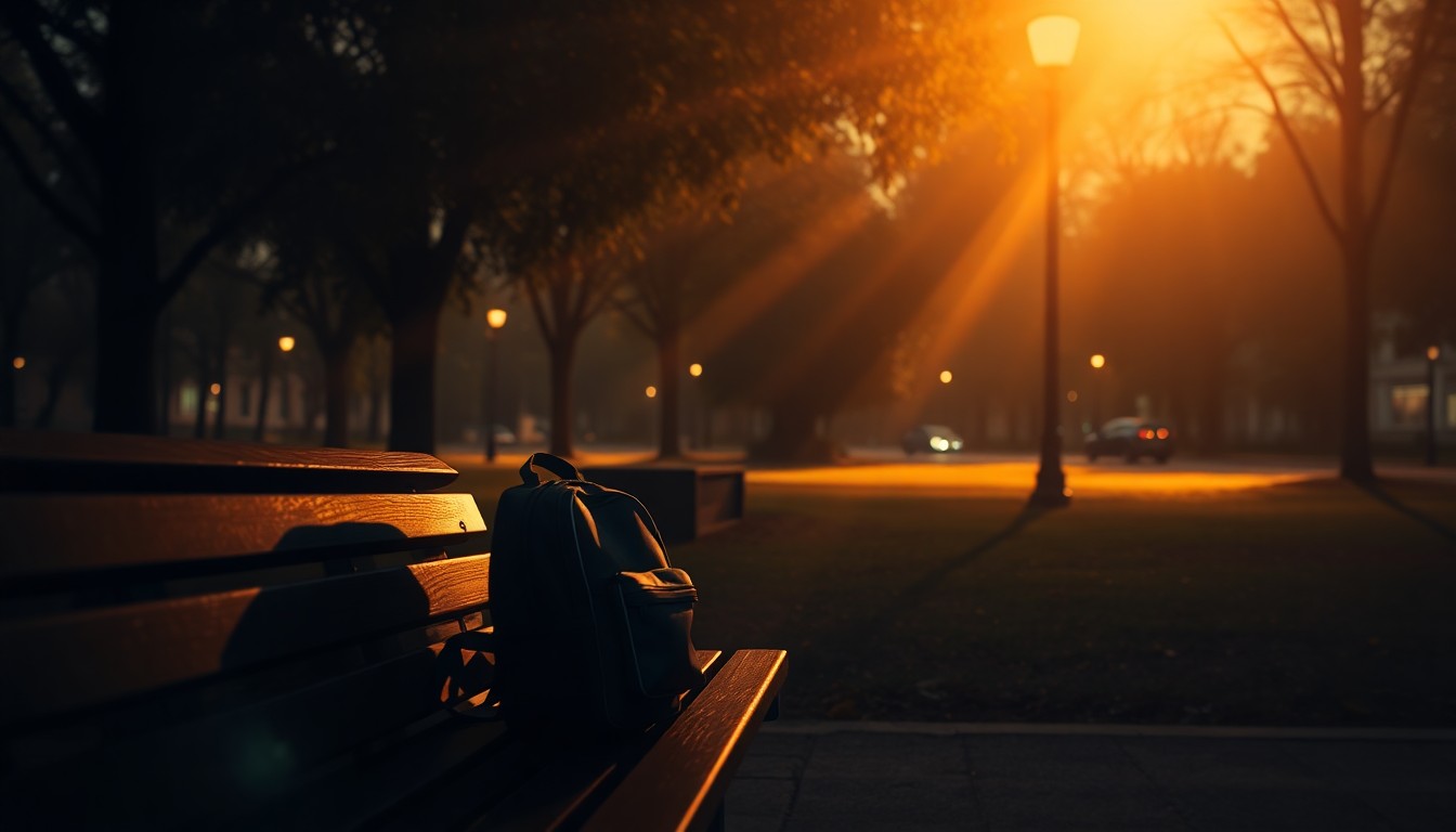 A warm, cinematic painting depicting a lone child's backpack sitting on a bench in a dimly lit urban park, with the scene bathed in soft, diagonal sunlight and deep shadows, conceptually representing the challenges facing the city's child welfare system.