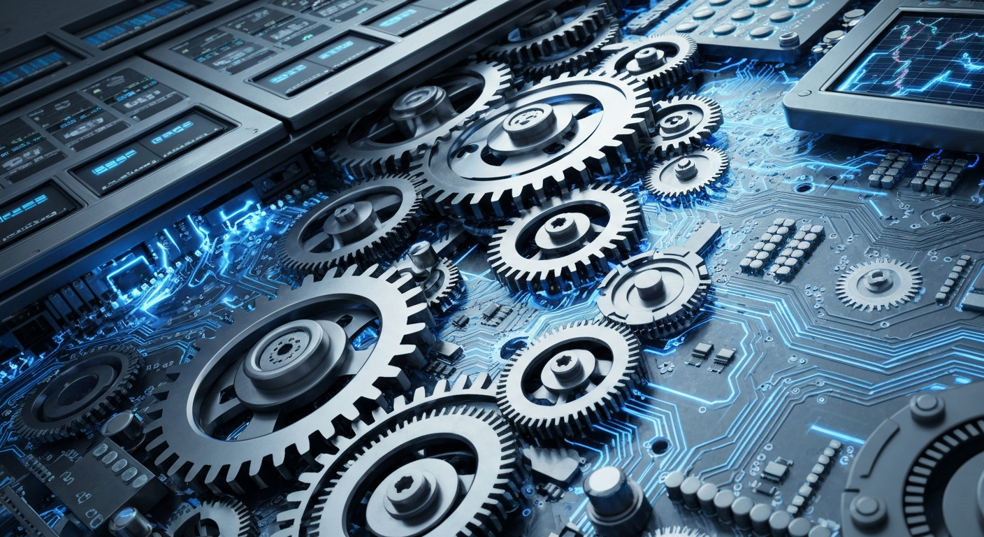 A cinematic close-up of the inner mechanisms of a stock trading terminal, with intricate gears, circuits, and displays in shades of steel gray and electric blue, conceptually representing the volatility and high-stakes nature of the financial markets.