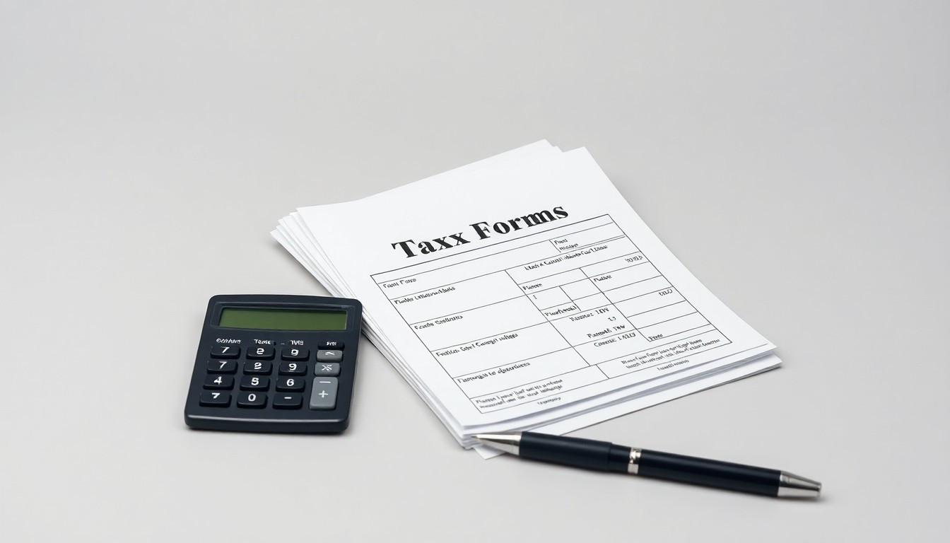 A minimalist studio still life photograph featuring a stack of city tax forms, a calculator, and a pen resting on a clean, monochromatic grey background, symbolizing the financial challenges Maize faces in competing for new businesses.