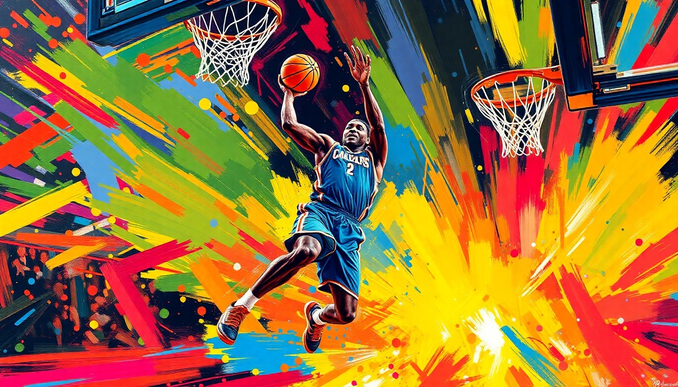 A dynamic, colorful painting depicting a basketball player in mid-motion, with vibrant brushstrokes and neon hues capturing the raw athleticism and energy of the sport.