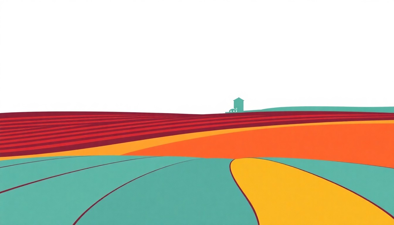 A minimalist abstract illustration using bold geometric shapes and primary colors to conceptually represent the financial pressures and resilience of Minnesota's farming sector.
