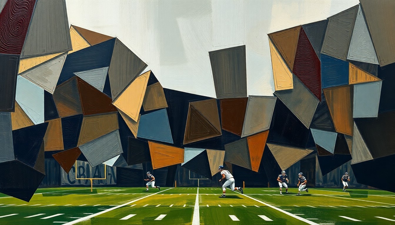 A fragmented, cubist-style painting depicting overlapping geometric shapes and planes in muted earth tones, conceptually representing the complex preparations underway as the Browns' new coaching staff installs their systems and evaluates the roster.