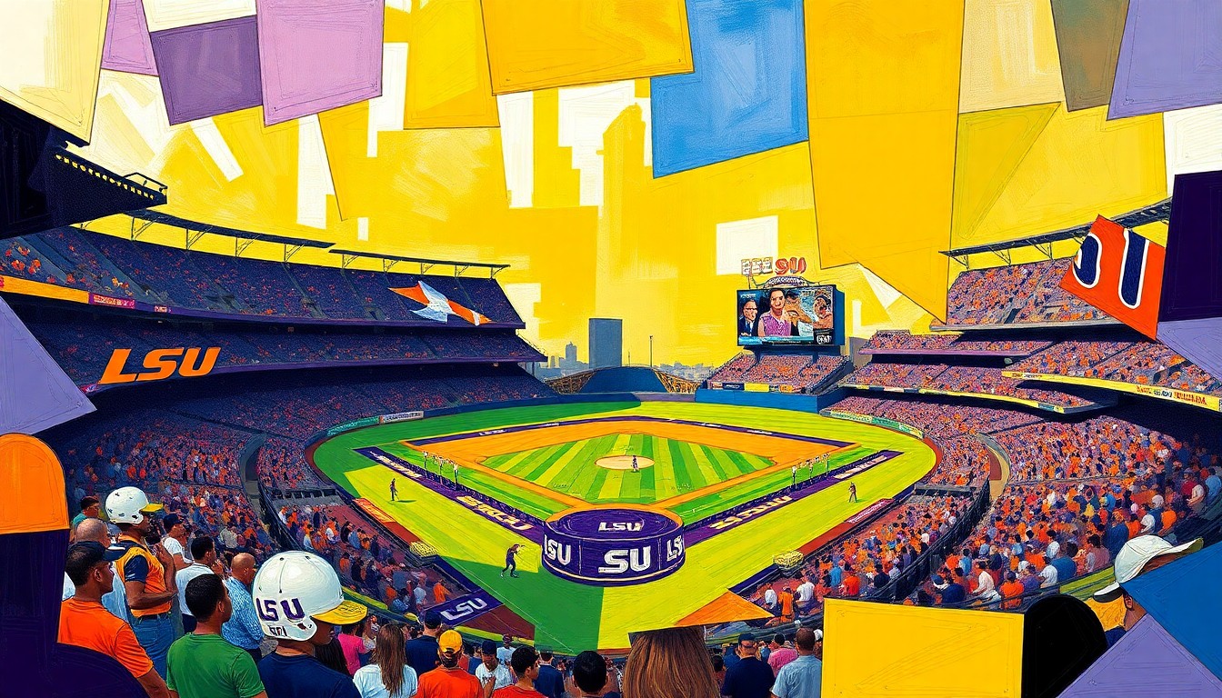 A cubist, geometric painting depicting a baseball game, with sharp, overlapping planes of vibrant colors representing the competing teams.