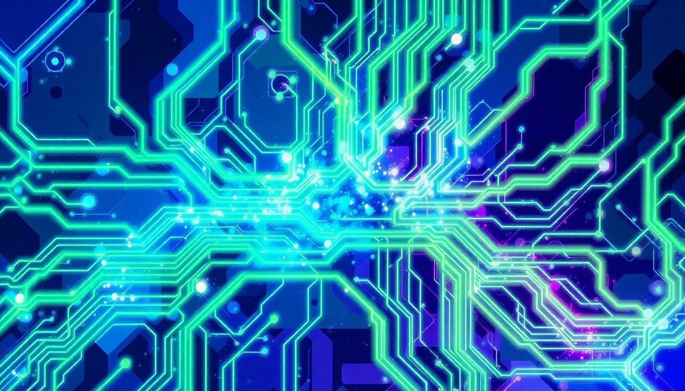 A dynamic, abstract painting featuring overlapping, fractured waves of electric blue, neon green, and deep purple, conceptually representing the threat of state-sponsored cyberattacks on vital computer systems.