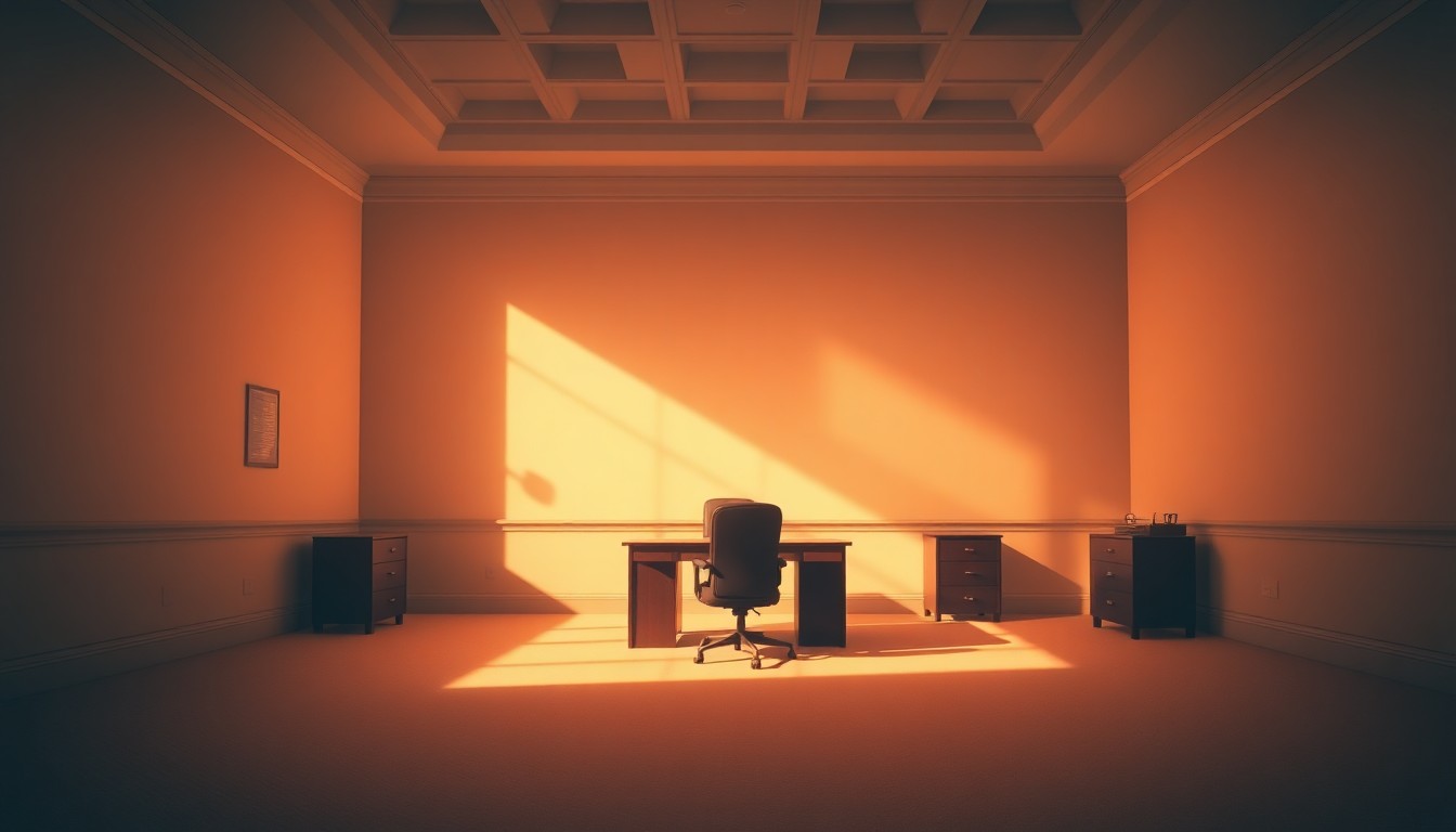 A dimly lit, cinematic government office space with a lone desk and chair in the center, the scene bathed in warm, diagonal sunlight and deep shadows, conceptually representing the quiet power dynamics of immigration policy.