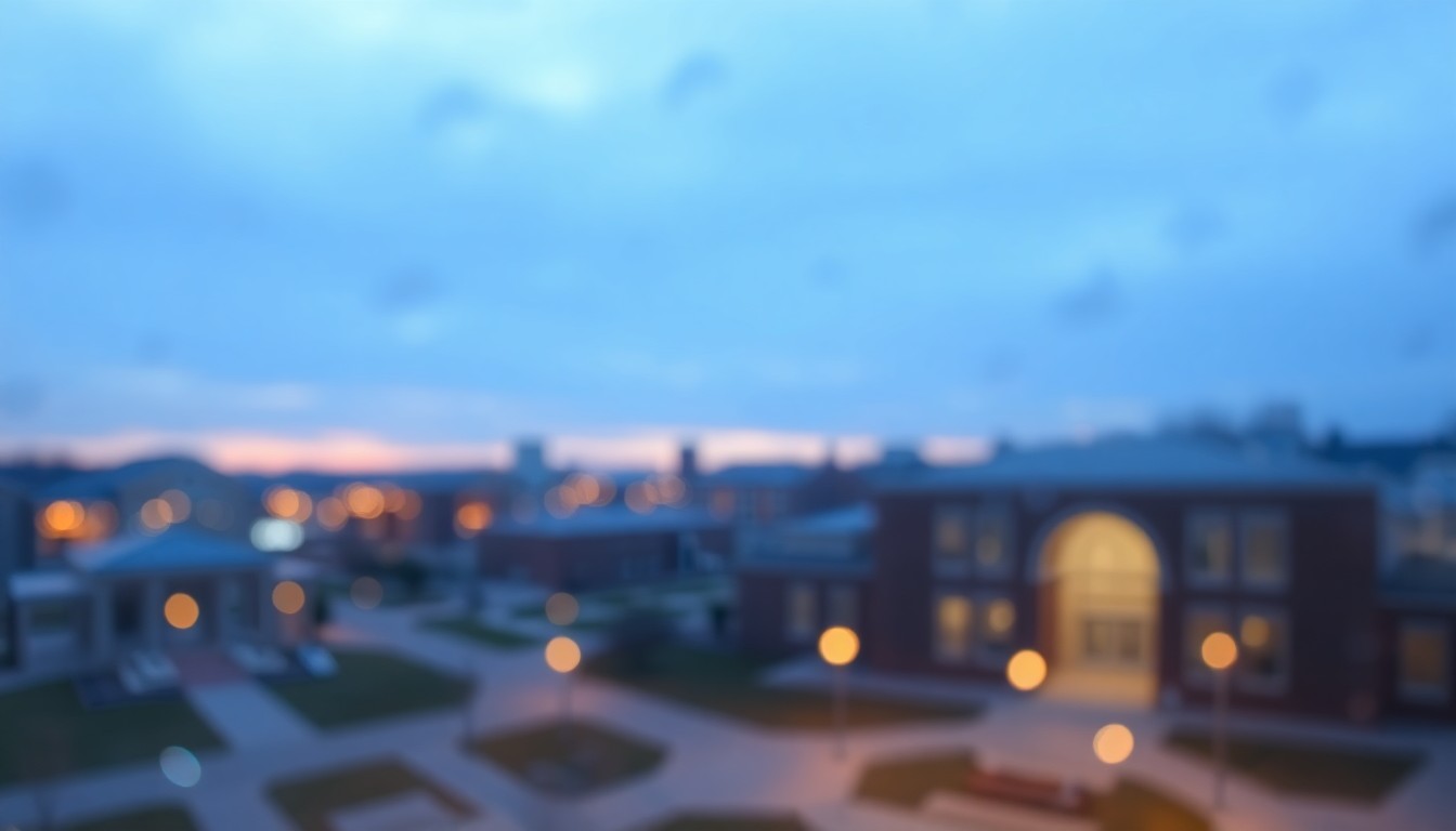 An abstract, impressionistic photograph showing a blurred and hazy scene of a community college campus at dusk, with warm pools of light and color, conveying the disruption and uncertainty caused by the water outage.
