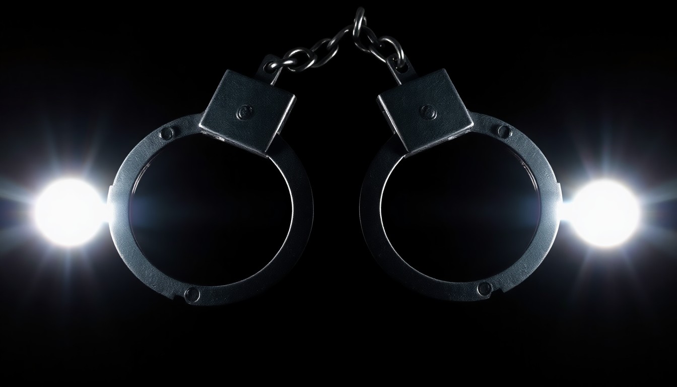 An extreme close-up photograph of a pair of handcuffs against a pitch-black background, creating a stark, gritty, investigative aesthetic through the use of harsh, direct lighting.