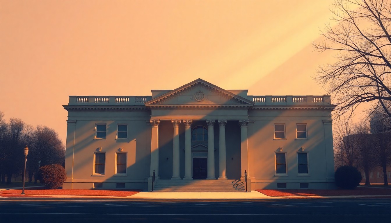 A detailed, photorealistic painting of a government building in Richmond, Virginia, with warm sunlight streaming through the windows and deep shadows across the facade, creating a sense of quiet drama and unease.