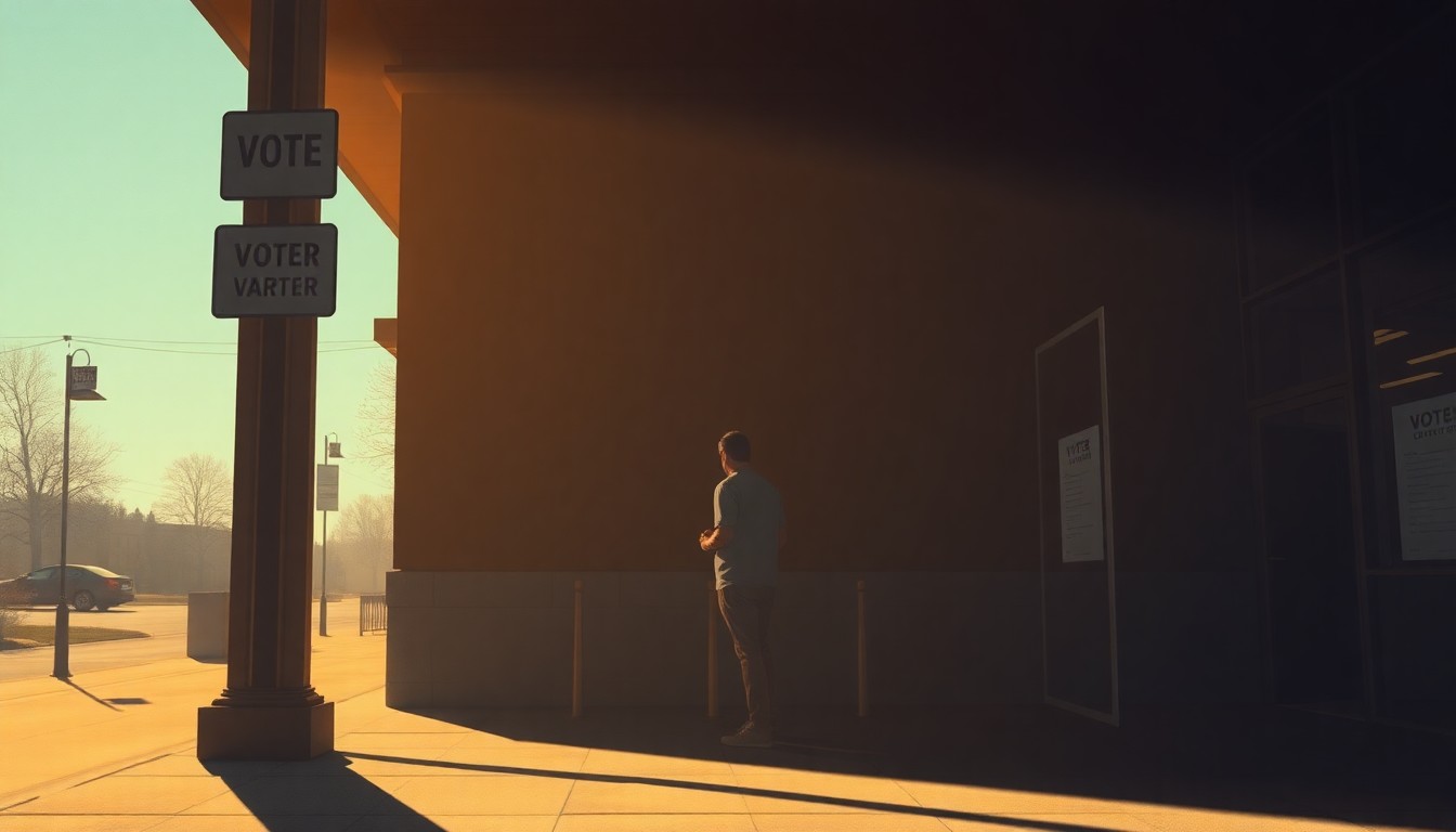 A serene, nostalgic painting depicting a lone voter standing in line outside a public library, the scene bathed in warm, golden light and deep shadows, capturing the quiet determination of local democracy.