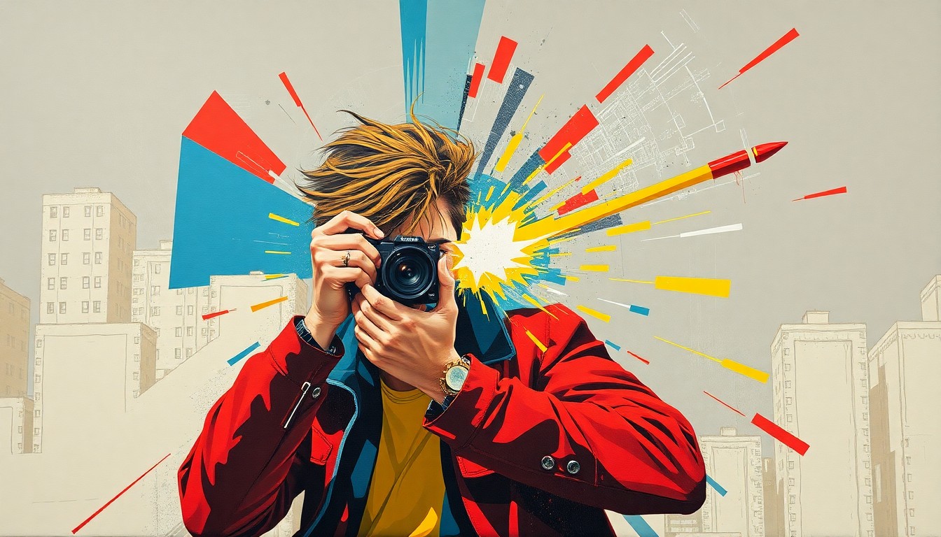 A chaotic, fragmented painting depicting a person with a camera being struck by a projectile, rendered in bold, clashing colors to convey the violence and disruption of the incident.