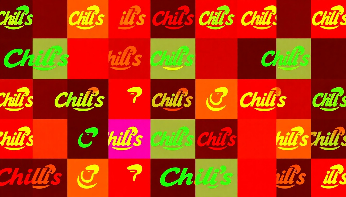 A brightly colored, high-contrast silkscreen print featuring the iconic Chili's logo repeated in a tight grid pattern, capturing the quirky charm and enduring presence of this unassuming restaurant amidst Austin's rapidly changing landscape.