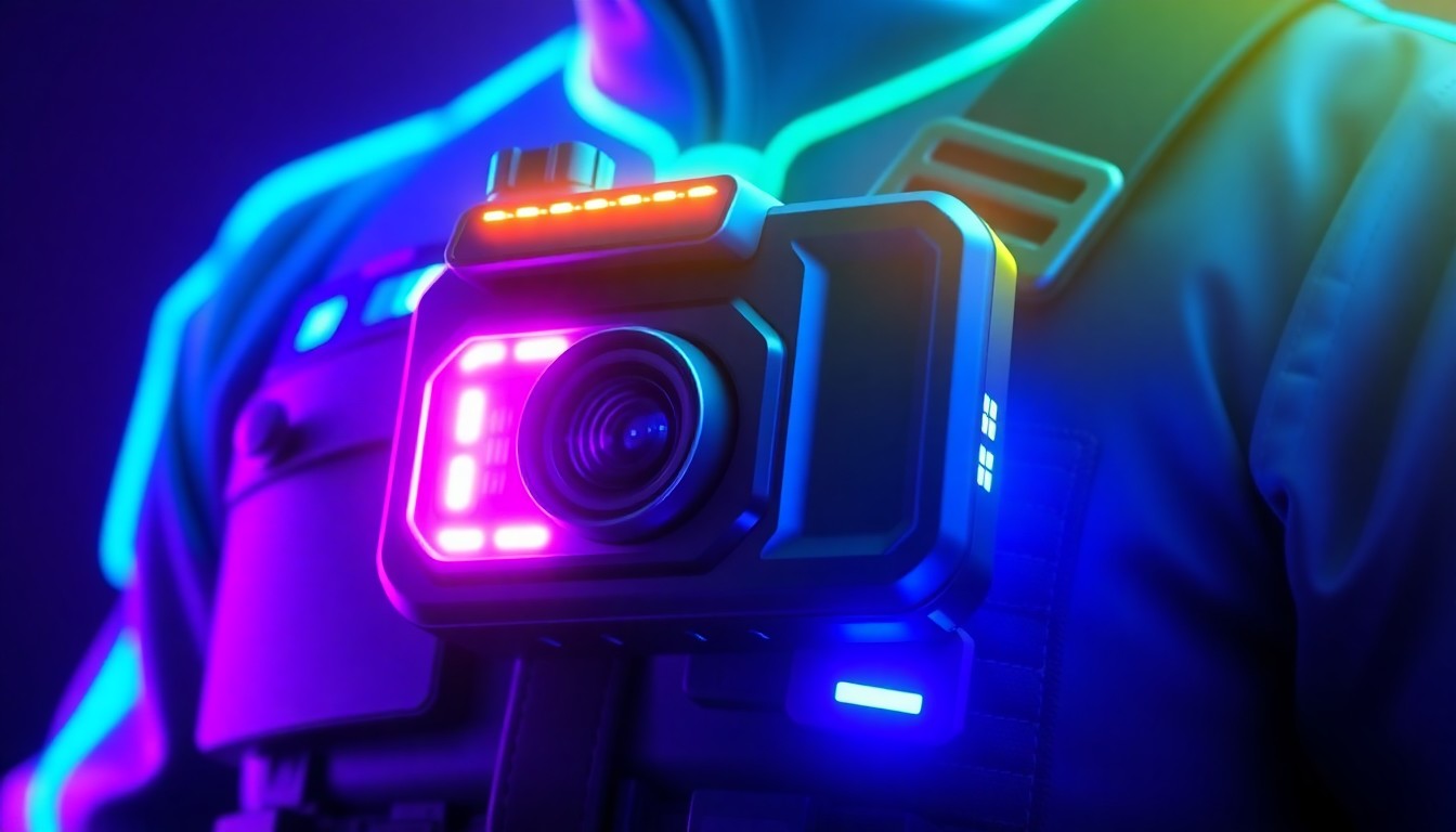A highly detailed, glowing 3D illustration of a police body camera with pulsing neon blue and purple lights, conceptually representing the integration of advanced AI surveillance technology into law enforcement equipment.