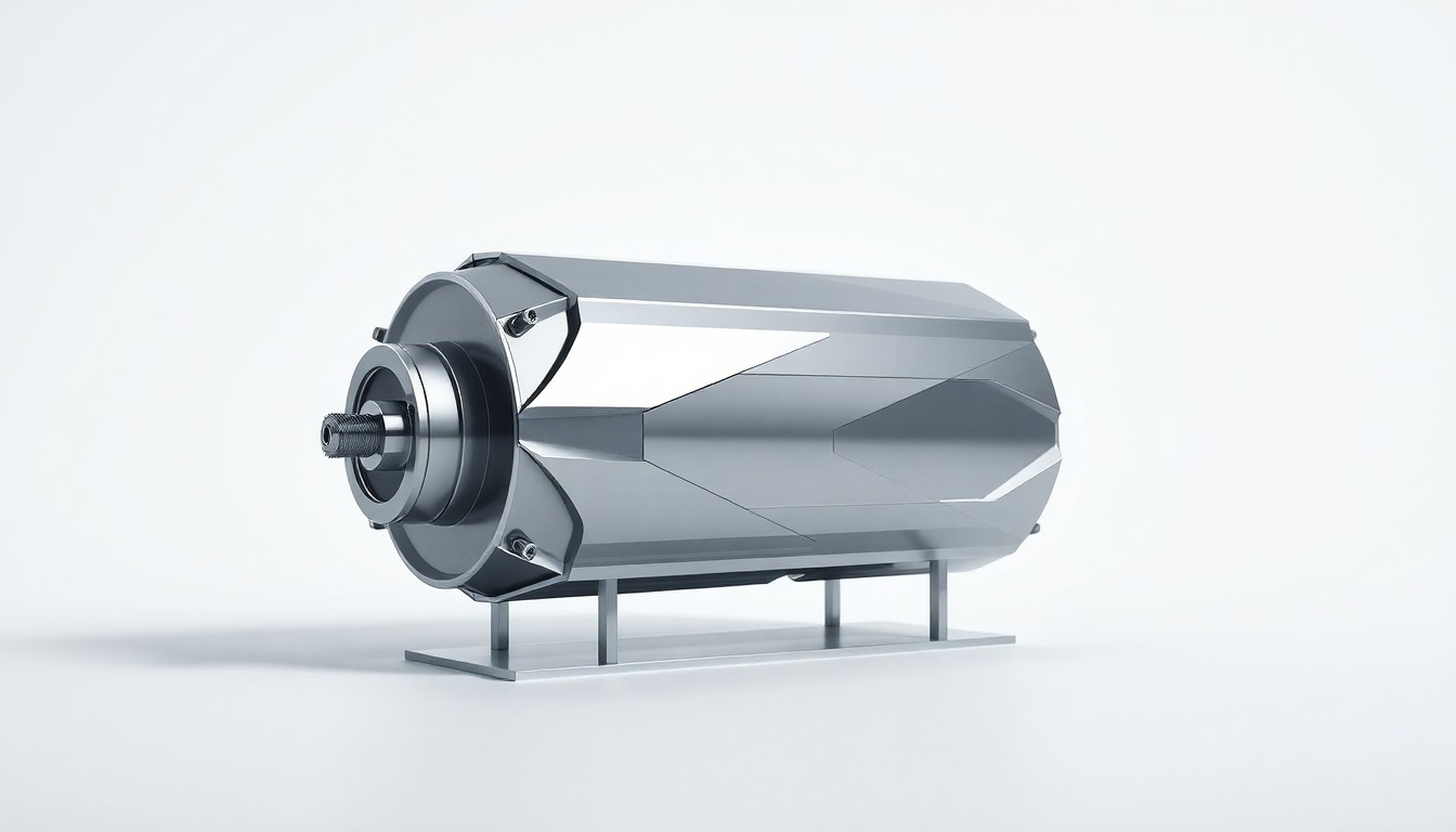 A polished, geometric metal sculpture or model of an electric vehicle component, such as a battery pack or electric motor, arranged elegantly on a clean, monochromatic seamless background, using sharp, dramatic studio lighting and deep shadows to represent the abstract corporate strategy and financial risks associated with the transition to electric vehicles.