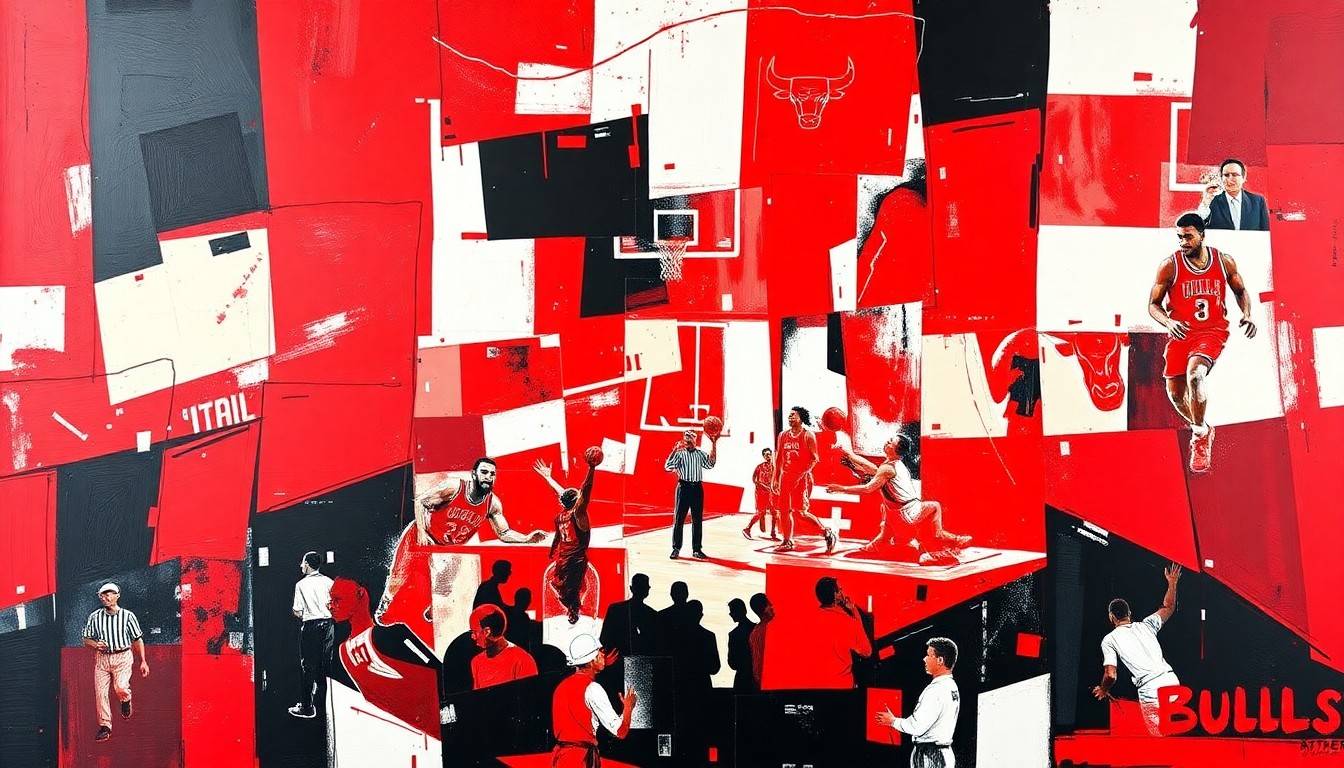 A cubist, geometric painting depicting a fragmented basketball court scene, with overlapping shapes and planes in the colors of the Chicago Bulls team uniform.