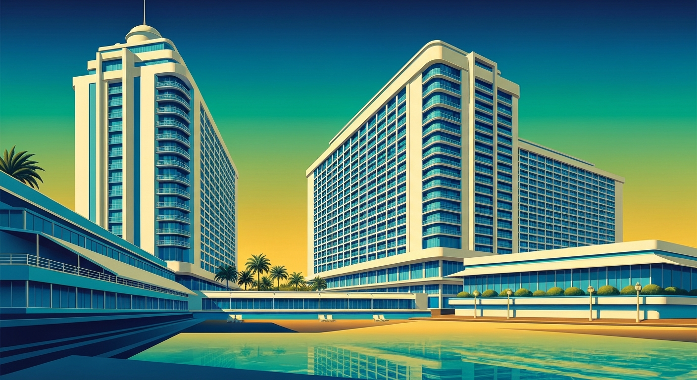 A bold, geometric illustration depicting the sweeping architecture and dramatic coastal views of a luxury resort hotel, rendered in a stylized Art Deco aesthetic with smooth gradients of blue, green, and gold.