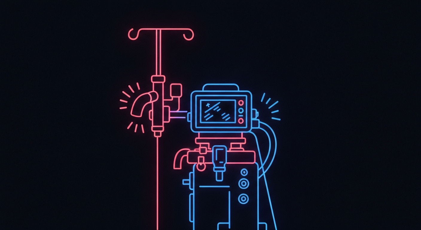 A glowing, neon outline of a respiratory device or anesthesia machine against a dark background, conveying the essential nature of these medical technologies in the healthcare industry.