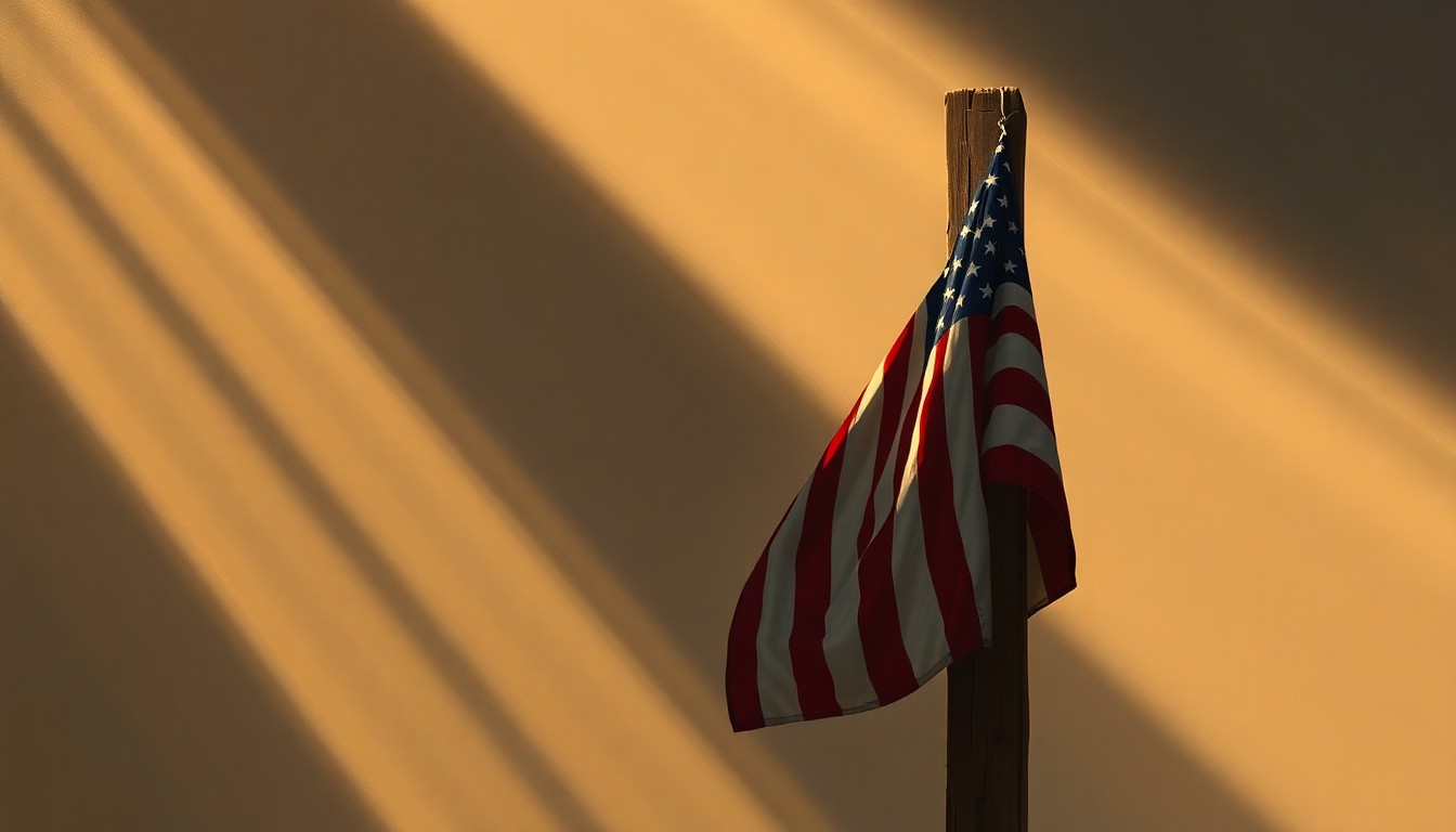 A serene, nostalgic painting of a lone American flag hanging on a weathered wooden post, the fabric worn and tattered, bathed in warm, golden sunlight and deep shadows, conveying a sense of melancholy and perseverance in the aftermath of a natural disaster.